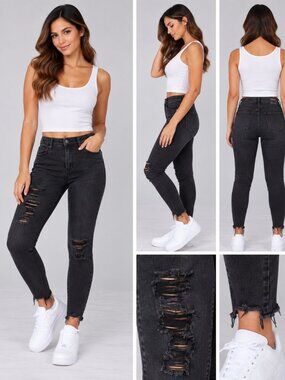 American Eagle Black Hi-Rise Distressed Raw Hem Jeggings 6